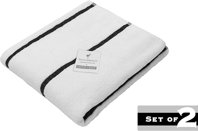 COTTON CRAFT Pool Lounge Chair Cover - 2 Pack Terry Towel Chaise Lounge Cover - Soft Cotton Absorbent Striped Towel Beach Chair Cover - Oversized 32 in W x 82 in Length x 7 in Pocket – White Black
