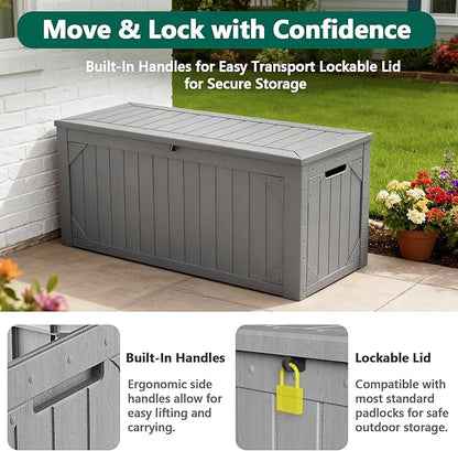 100 Gallon Outdoor Storage Box, Waterproof Resin Deck Box Organizer for Patio Cushion Storage, Lockable Outside Container for Garden Tools