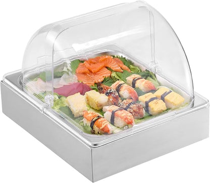 VEVOR Countertop Food Serving Display Container, 1 x 1/2 Pan Stainless Steel Food Serving Tray, Buffet Condiment Dispenser Display Rack with Clear Lid & Ice Tray, for Restaurant Hotel Kitchen Party
