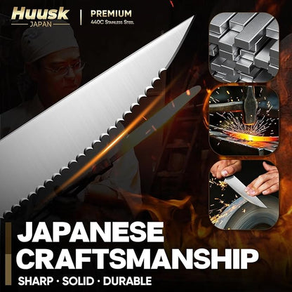 Huusk Steak Knives Set of 8, Sharp Serrated Steak Knives with Full Tang Handle, Japanese Stainless Steel Stake Knife Set for Dinner BBQ Kitchen with Gift Box, Birthday Gifts for Men Women
