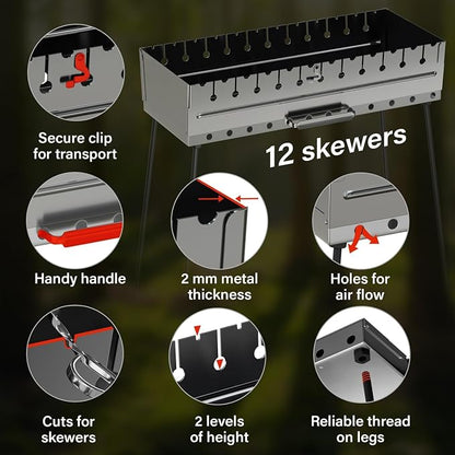 Stainless Steel Charcoal Grill, Portable Foldable Kabob Mangal, Heavy-Duty Rustproof BBQ, 24.80x9.45x25.2 Inch, for Outdoor Use, 12 Skewer Capacity, (Skewers Not Included)