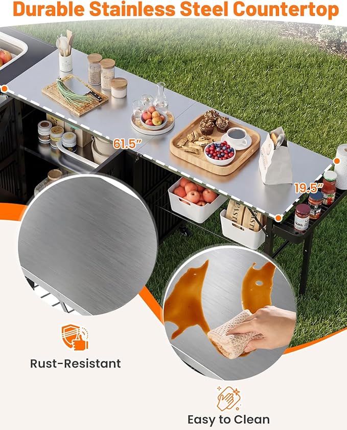 AECOJOY Outdoor Grill Cart Table with Sink, Portable Folding Outdoor Kitchen Island with Storage Cabinet, Stainless Steel Rolling Grill BBQ Food Prep Station with Wheels for Patio, Backyard