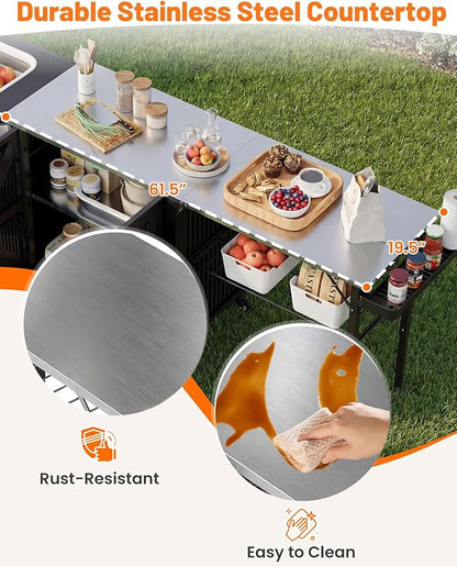 AECOJOY Outdoor Grill Cart Table with Sink, Portable Folding Outdoor Kitchen Island with Storage Cabinet, Stainless Steel Rolling Grill BBQ Food Prep Station with Wheels for Patio, Backyard