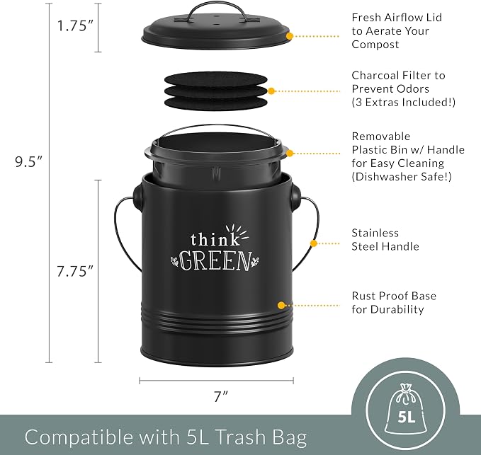 Barnyard Designs 1.2 Gallon Kitchen Counter Compost Bin with Lid (Black) | Countertop Composter with Smell-Absorbing Filters and Removable Inner Bucket; Food Waste Pail for Easy Cleaning