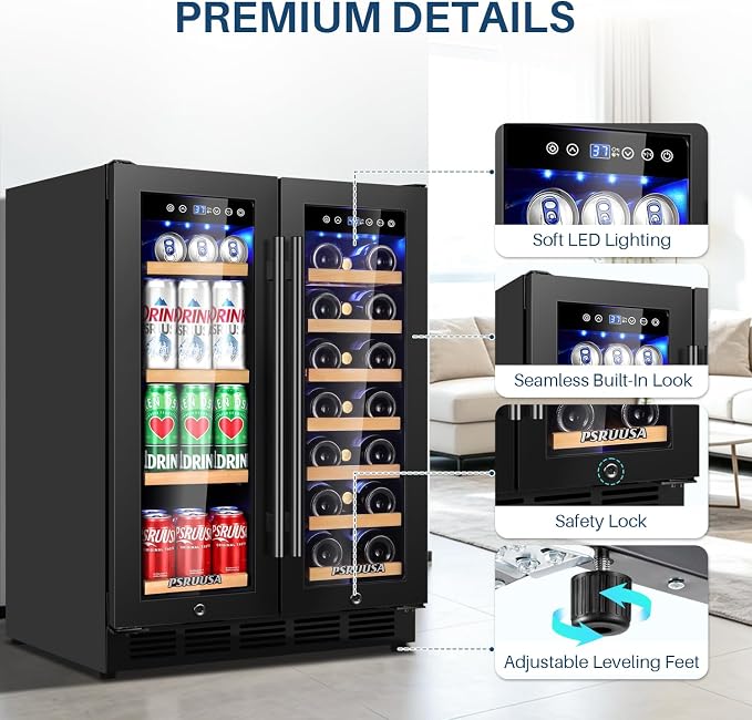 24 Inch Wine and Beverage Refrigerator Dual Zone Wine Fridge Beverage Cooler Holds 88 Cans and 20 Bottles, Seamless Frame, Built-In or Freestanding with Glass Door for Kitchen, Home Bar