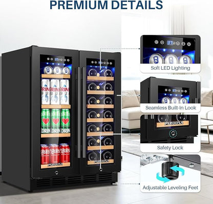 24 Inch Wine and Beverage Refrigerator Dual Zone Wine Fridge Beverage Cooler Holds 88 Cans and 20 Bottles, Seamless Frame, Built-In or Freestanding with Glass Door for Kitchen, Home Bar