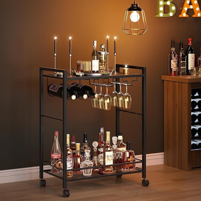 Joaxswe Bar Cart, Home Bar Serving Cart with 2-Tier Shelf,Rolling Beverage Cart with Wheels,Mobile Kitchen Shelf,Modern Black Wine Drink Cart with Wine Rack and Glass Holder for Kitchen,Dinning Room