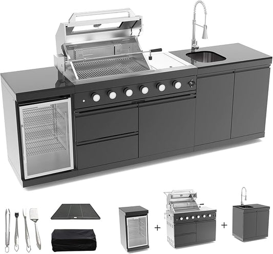 98.4 Inch Outdoor Kitchen Island, 72000 BTU Propane Gas Grill Combination With Refrigerator and Sink, Outdoor Stainless Steel Barbecue Bar, Propane Grill for Patios, Gardens, Parties