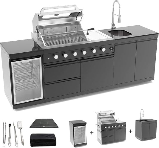 98.4 Inch Outdoor Kitchen Island, 72000 BTU Gas Grill Combination With Refrigerator and Sink, Outdoor Stainless Steel Barbecue Bar, Natural Gas Barbecue Grill for Patios, Gardens, Parties