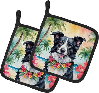 Caroline's Treasures Border Collie Luau Pair of Pot Holders Kitchen Heat Resistant Pot Holders Sets Oven Hot Pads for Cooking Baking BBQ, 7 1/2 x 7 1/2