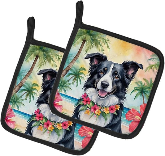 Caroline's Treasures Border Collie Luau Pair of Pot Holders Kitchen Heat Resistant Pot Holders Sets Oven Hot Pads for Cooking Baking BBQ, 7 1/2 x 7 1/2