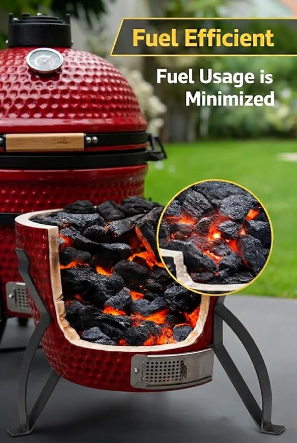 13-in W Kamado Grill with Built-in Thermometer, Oval Grill with Cast Iron Grates, Bamboo handle, Portable Ceramic Grills with Low Stand for Backyard, Patio, Deck grilling, Red