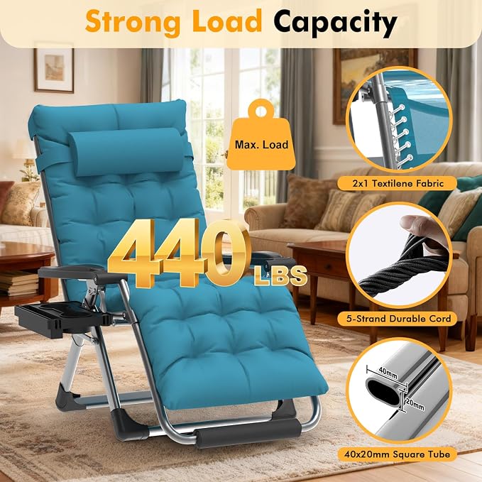 Slendor Oversized Zero Gravity Chairs XL, 29in Recliner Chair, Light Blue | Reclining Lounge Chair, Folding Anti Gravity Chairs w/Aluminum Alloy Lock, Removable Cushion&Headrest, 440lbs, for Lawn Patio