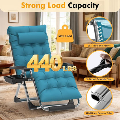 Slendor Oversized Zero Gravity Chairs XL, 29in Recliner Chair, Light Blue | Reclining Lounge Chair, Folding Anti Gravity Chairs w/Aluminum Alloy Lock, Removable Cushion&Headrest, 440lbs, for Lawn Patio