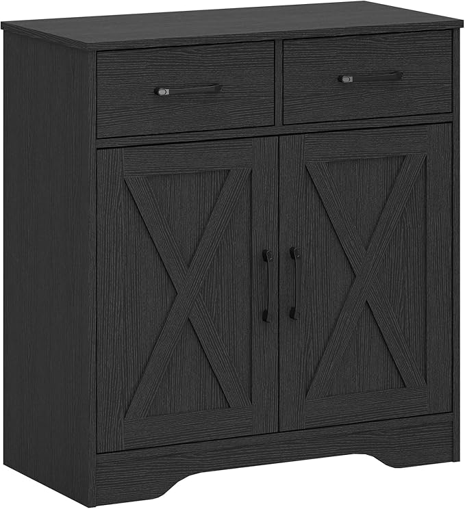 Panana Sideboard 2 Drawers 2 Doors Entryway Storage Cabinet Living Room Organizer Farmhouse Style Wooden Kitchen Cupboard (Black)