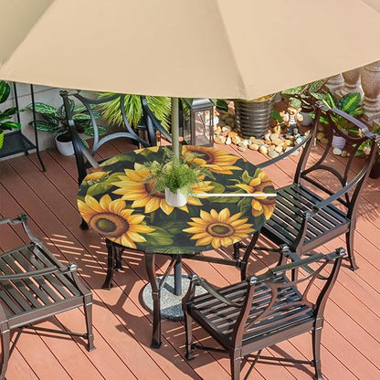 Sunflower Outdoor Round Fitted Tablecloth with Umbrella Hole and Zipper, 45"-56" Elastic Patio Table Cloth Oil-Proof Waterproof Patio Table Cover for Picnic Party Camping