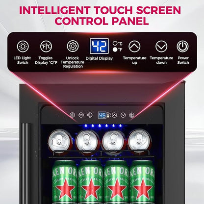 15 Inch Beverage Cooler Refrigerator, 15" Beverage Cooler Under Counter 130 Cans Beverage Fridge with Glass Door, Freestanding or Built-In Mini Drinks Fridge with Lock for Soda, Beer, Black