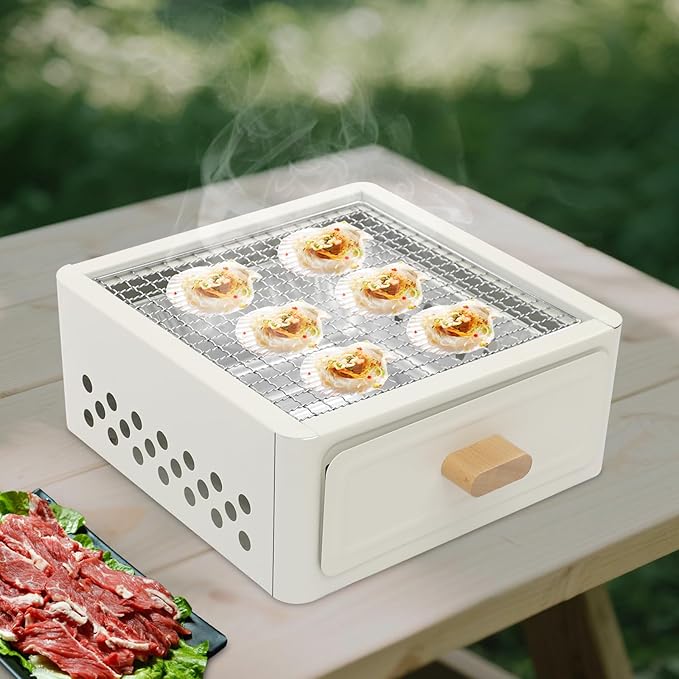 Indoor/Outdoor Square Tabletop Barbecue Stove, Portable Lightweight Barbecue Grill Tools, Outdoor BBQ Grill, Suitable for Camping, Picnic Parties, Beach Trips (White)