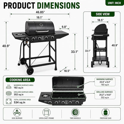 4-Burner Outdoor Propane Gas Grill with Side Burner, 42,000 BTU, Porcelain-Enameled Grates, 534 Sq. In. Cooking Area, Piezo Ignition and Wheels