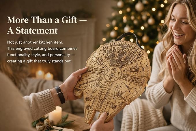 Millenium Falcon Inspired Wooden Cutting Board, Wood Cutting Boards for Kitchen, Non Toxic Hardwood Cutting Board, Wooden Chopping Board, Charcuterie Cheese Serving Board, Sci Fi Gift