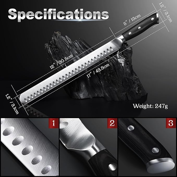 YFWOOD Slicing Carving Knife, 12 inch Brisket Knife for Meat Cutting, BBQ, Turkey – Razor Sharp High Carbon Stainless Steel Slicing Knives, Full Tang, Ergonomic Handle, Professional Chef's Knives