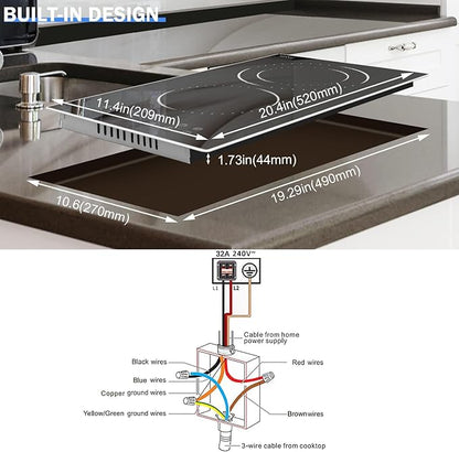 Hobsir hob 2 Burners Electric Cooktop, 12 inch Electric Stove Top Burner, Built-in Ceramic Stove with Touch Control, Timer, Safety Lock, 9 Power Levels 3200W, 220V-240V Hard Wire (No Plug)