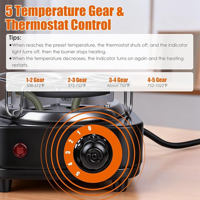 500W Electric Hookah Charcoal Burner - 5 Temperature Gears with Thermostat Safety, Stainless Steel Coil & Bonus Accessories for Indoor/Outdoor Use