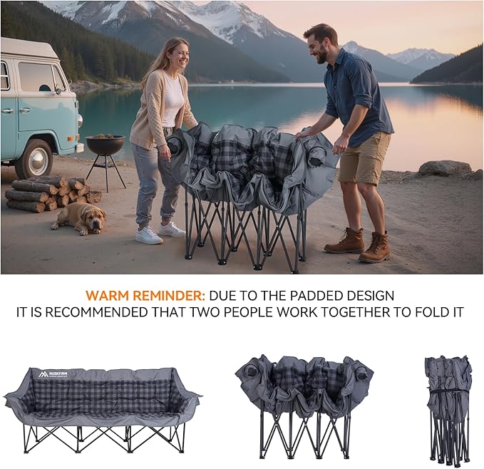 Huskfirm 3 Person Camping Chair Padded Loveseat Camping Chair Folding Grey | Camping Couch Portable Double Camping Chairs Heavy Duty Camp Chair for Adults Outdoor Lawn with Two Cup Holders and Carry Bag