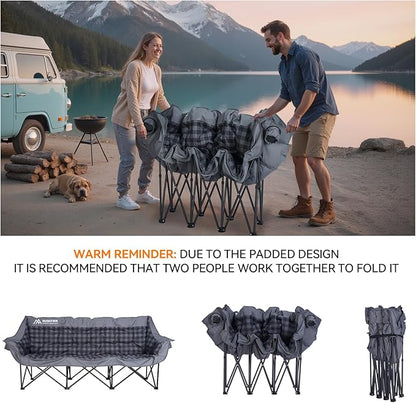 Huskfirm 3 Person Camping Chair Padded Loveseat Camping Chair Folding Grey | Camping Couch Portable Double Camping Chairs Heavy Duty Camp Chair for Adults Outdoor Lawn with Two Cup Holders and Carry Bag