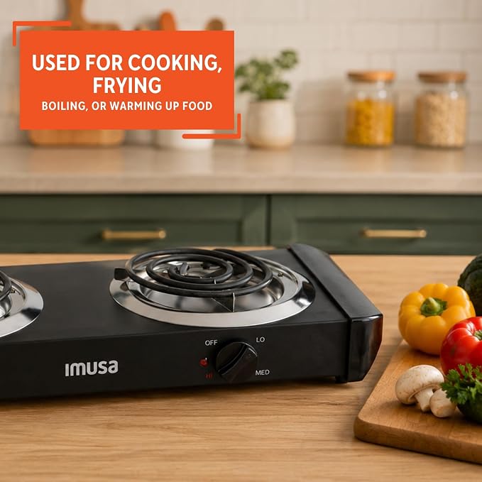 IMUSA USA GAU-80306 Electric Double Burner 1750-Watts , Black | Ideal for Cooking Outdoors or in the Office