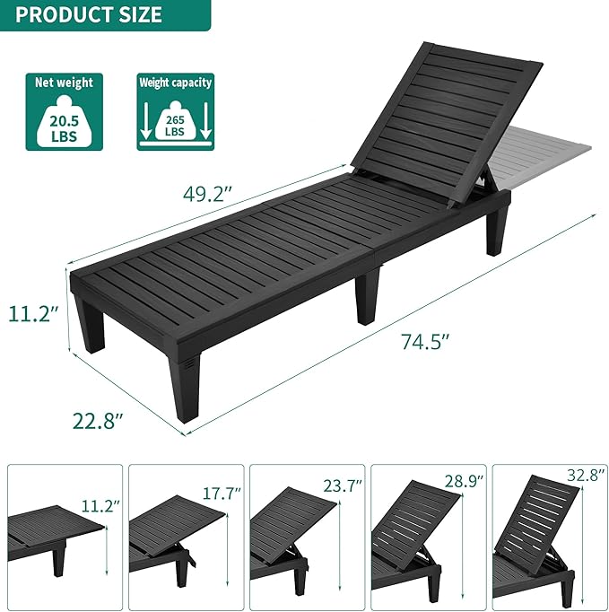 YITAHOME Chaise Outdoor Lounge Chairs with Adjustable Backrest, Multi-Functional Patio Loungers Easy Assembly & Lightweight, Waterproof Poolside Chaise Lounge with 265lbs Capacity,Set of 2, Black