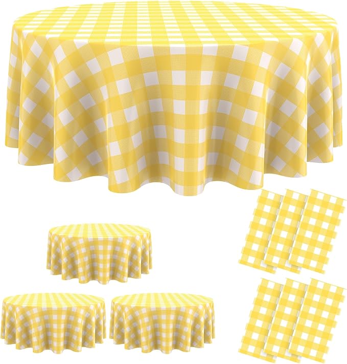 Disposable Checkered Tablecloth Round Plastic Buffalo Plaid Table Cloth 84'' Gingham Tablecover for Picnic Camping BBQ Graduation Party(Yellow and White,6 Pieces)