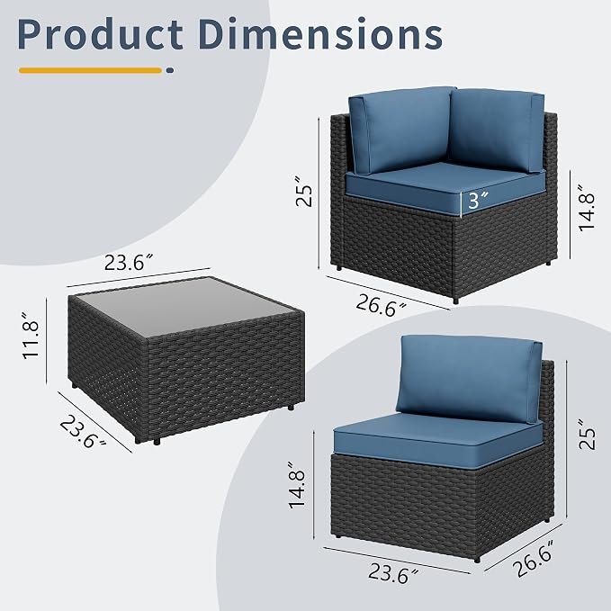 SUNLEI 5 Piece Patio Furniture Sets, Low Back All-Weather Rattan Sectional Sofa with Tea Table&Washable Couch Cushions, Patio Furniture Sets, Black Rattan (Aegean Blue)