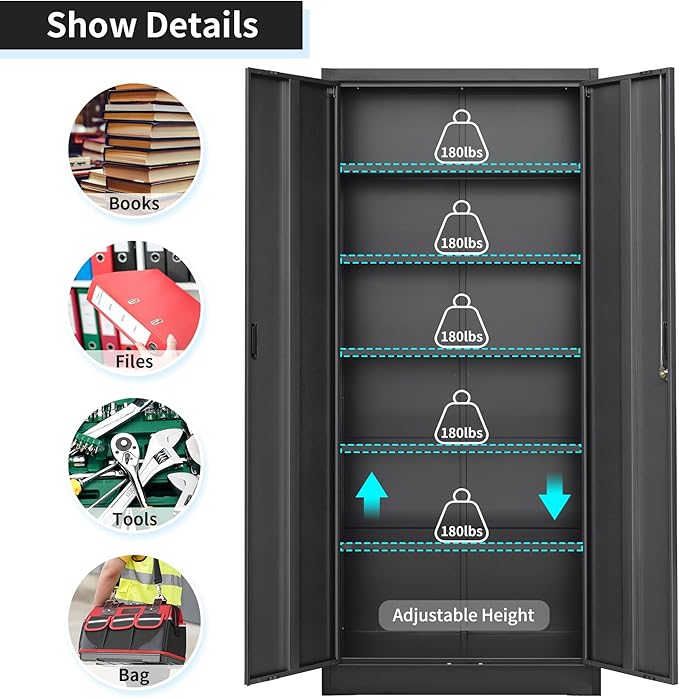 Wanfu Metal Storage Cabinet, 71”H Metal Garage Cabinet with 5 Adjustable Shelves, Locking Storage Cabinets for Garage, Home, Office, Pantry(Black)
