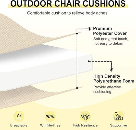 downluxe Outdoor Chair Cushions Set of 6 for Patio Furniture, Water-Resistant Patio Chair Cushions with Ties, High Density Foam Outdoor Seat Cushion, 17" X 16" X 2", Beige