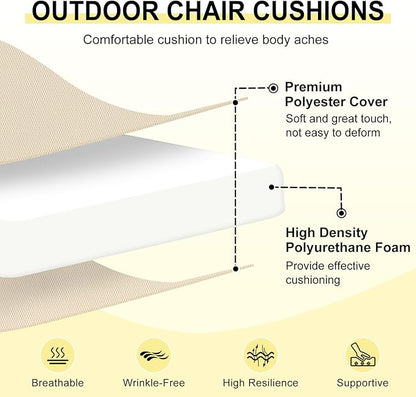 downluxe Outdoor Chair Cushions Set of 2 for Patio Furniture, Water-Resistant Patio Chair Cushions with Ties, High Density Foam Outdoor Seat Cushion, 17" X 16" X 2", Beige