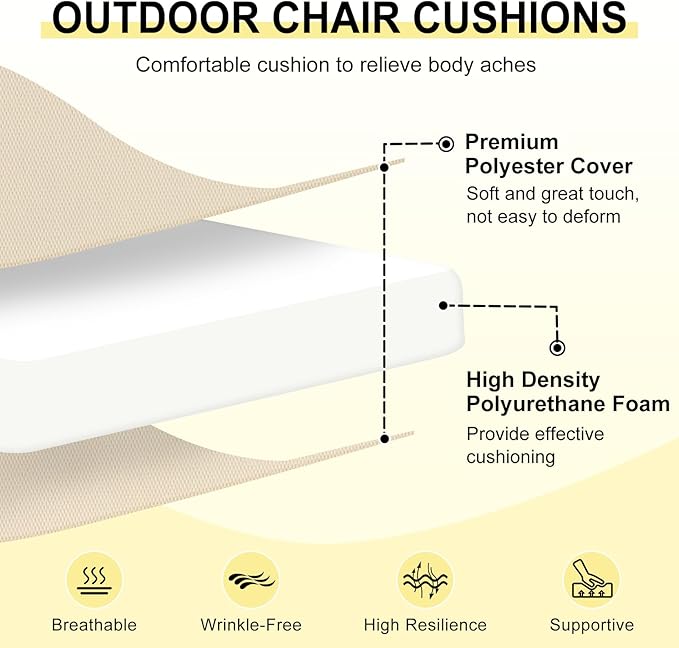 downluxe Outdoor Chair Cushions Set of 4 for Patio Furniture, Water-Resistant Patio Chair Cushions with Ties, High Density Foam Outdoor Seat Cushion, 17" X 16" X 2", Beige