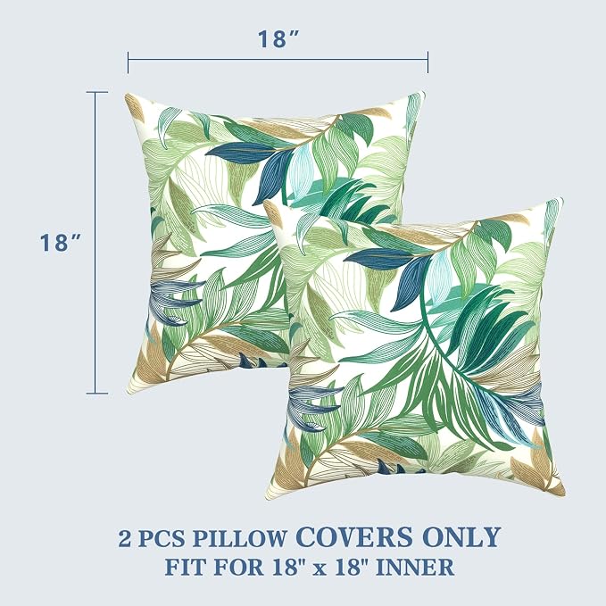 LVTXIII 2 Pack Outdoor Pillow Covers ONLY 18x18 Inch, Water-Repellent Square Decorative Cushion Covers for Patio Furniture, Garden, Sofa, Lush Leaf Green