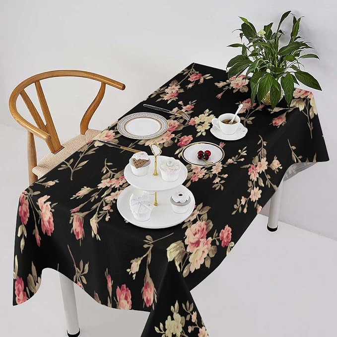 Vintage Flower Tablecloth, Black Pink Garden Florals Rustic Roses Boho Botanical Plant Water Resistant Wipeable Table Cover for Picnic Party Holiday Kitchen Dinner Table 55"x75"
