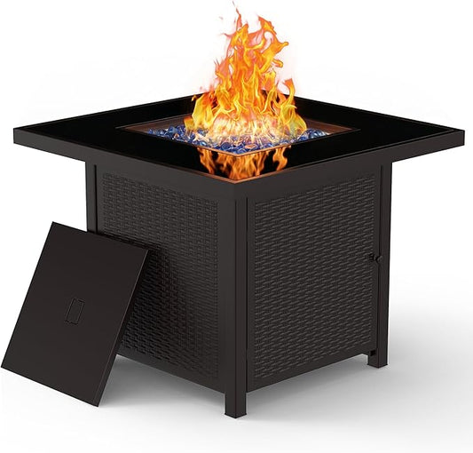 BALI OUTDOORS 32 inch Glass Tabletop Propane Fire Pit Outdoor, 50,000 BTU Propane Fire Pit Table Square, Gas Firepits for Outside Patio, Garden, Brown
