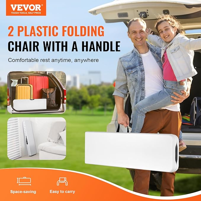 VEVOR Plastic Folding Bench, 6ft Portable Folding Bench, Smooth High Density Polyethylene Waterproof Outdoor Bench, Picnic Camping Table with Handle for Garden Soccer Playtime, White (2 Pack) | for Garden Playtime, Camping, Outdoor Event, Picnic Polyet...