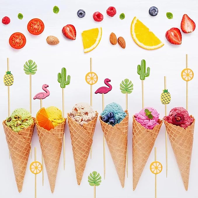 150 PCS Hawaiian Appetizer Picks Tropical Cocktail Toothpicks Party Decorations for Drinks Bamboo Charcuterie Skewers Flamingo Pineapple Palm Leaf Orange Cactus Sticks for Food Luau Hawaii Beach