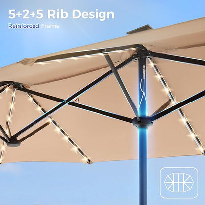 SUPERJARE 13ft Outdoor Patio Umbrella with Solar Lights, Double-sided Deck Pool Umbrella with 1.5 Inch Pole, Fade Resistant Canopy, 12 Sturdy Ribs, for Porch, Market, Backyard, Beige (No Base)