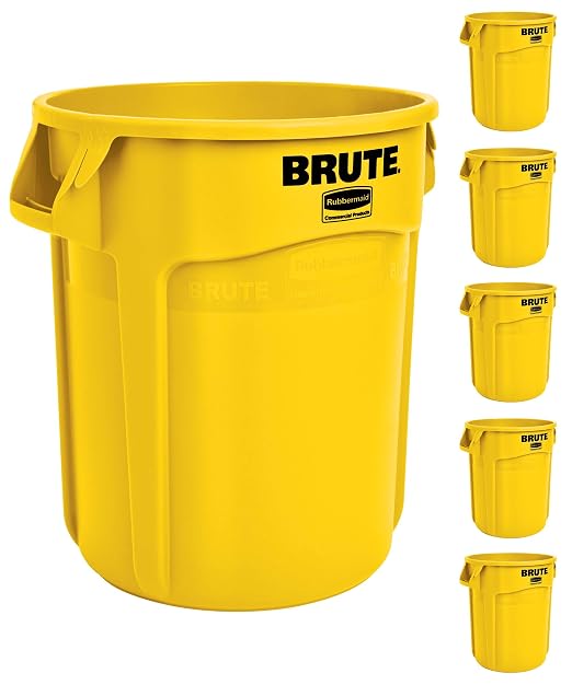 Rubbermaid Commercial Products BRUTE Heavy-Duty Round Trash/Garbage Can, 10-Gallon, Yellow, Outdoor Waste Container for Landscapers/Construction/Restaurants/Back of House/Offices/Warehouses, Pack of 6