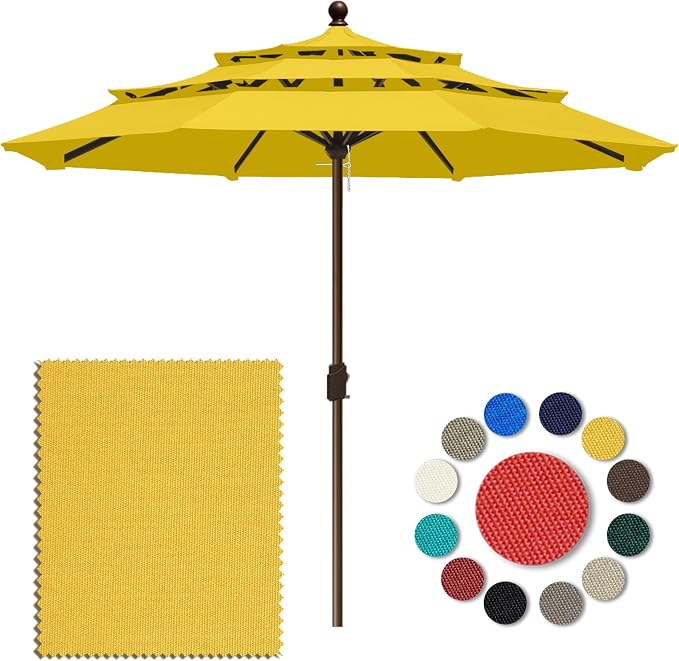 Eurmax USA 10-Year-Non-Fading 10FT 3-Tier Outdoor Patio Market Umbrella,UPF50+ UV Resistant,Heavy Duty Commercial Grade,Crank Lift Design,Windproof Vented Top for Garden,Pool,Deck,Sunflower Yellow