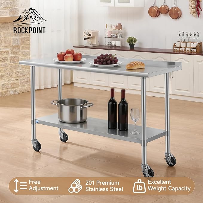 ROCKPOINT All Stainless Steel Prep Table with Caster & Backsplash 24x60 Inch，Commercial Heavy Duty Workbench with Stainless Legs & Adjustable Undershelf,850 lb Capacity for Outdoor Kitchens with Wheel