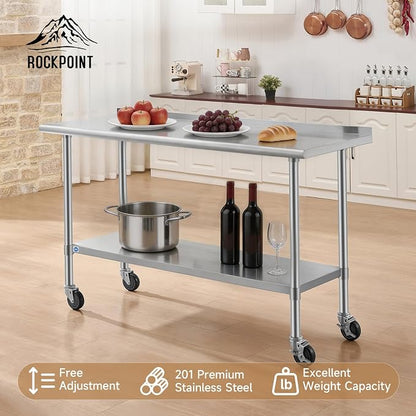 ROCKPOINT All Stainless Steel Prep Table with Caster & Backsplash 24x60 Inch，Commercial Heavy Duty Workbench with Stainless Legs & Adjustable Undershelf,850 lb Capacity for Outdoor Kitchens with Wheel