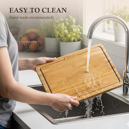 Bamboo Cutting Boards for Kitchen, 3 Piece Extra Thick Cutting Board Set with Juice Groove, Deep Carbonized Bamboo Chopping Board, Reversible Wood Cutting Board for Meat, Charcuterie & Serving