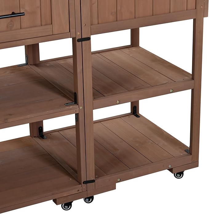 GDFStudio Elshire Patio Kitchen Island Cart with Storage, Wooden Outdoor Storage Cabinet with Stainless Steel BBQ Prep Table Top, Drawers, Raised Shelf and Lockable Wheels, Garden Potting Bench, Brown