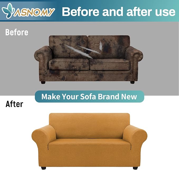 Asnomy Stretch Couch Covers Washable,loveseat Cover Slipcovers,Golden | 1-Piece Sofa Cover(55"-78") loveseat cover Furniture Protector Soft Jacquard,Non-Slip Elastic Bottom for Dogs & Kids